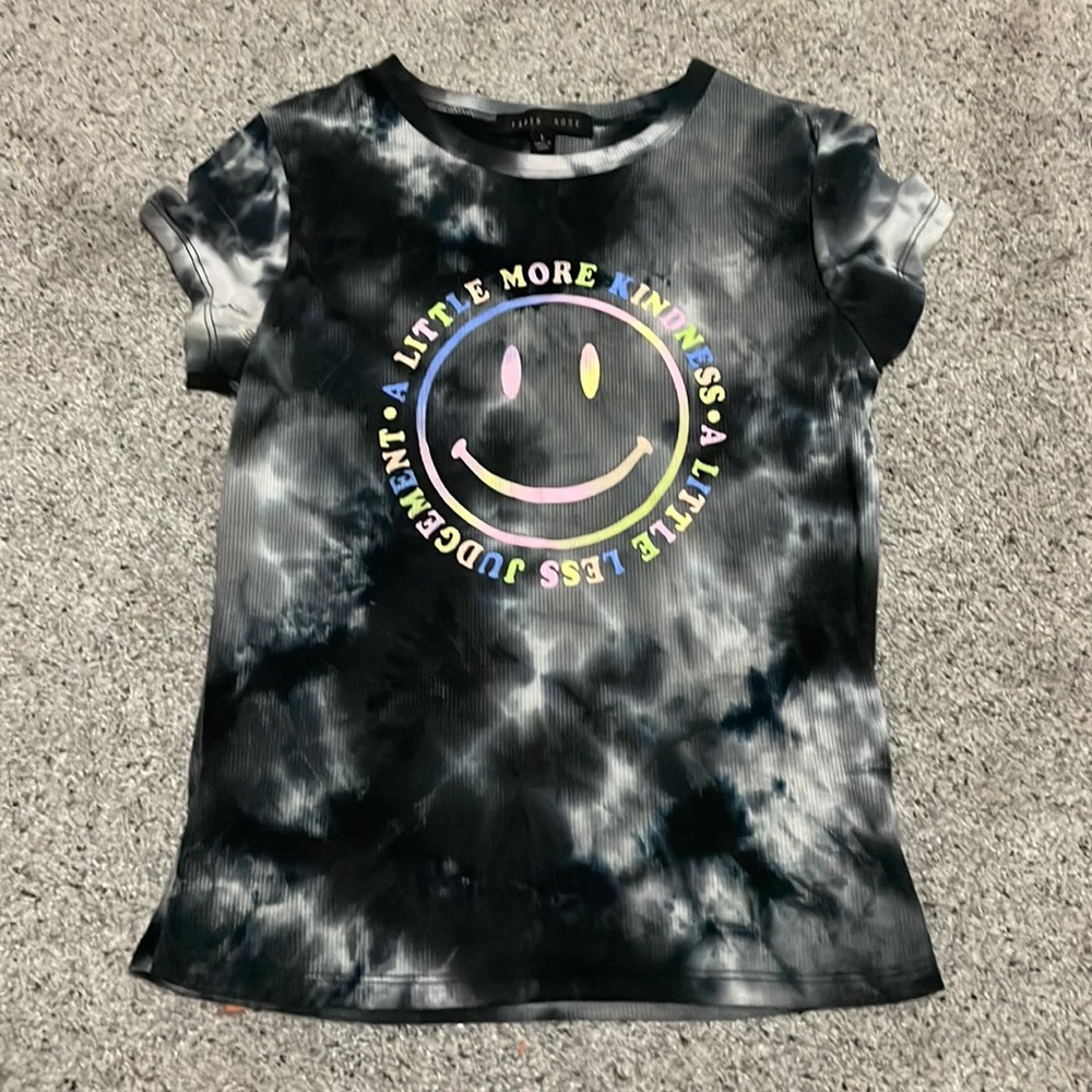 ‘A Little More Kindness’ smiley face black and white tiedye t-shirt